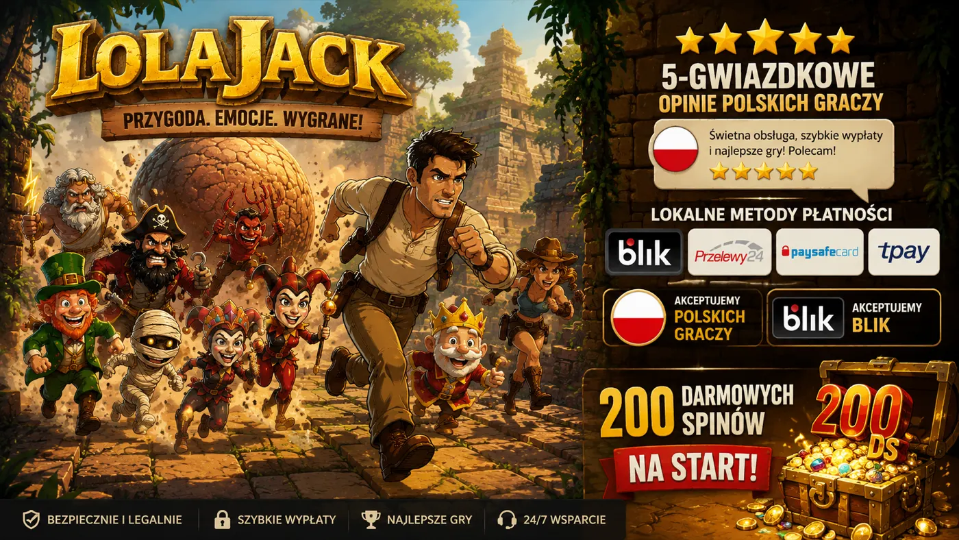LolaJack Casino — baner powitalny: bohaterowie slotów uciekają przed toczącą się kulą w ruinach świątyni, 200 darmowych spinów na start, płatności BLIK i Przelewy24