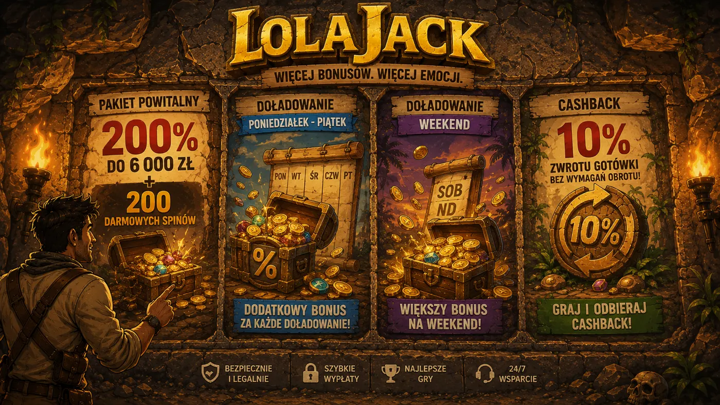 LolaJack Kasyno bonusy — cztery kamienne tablice w jaskini: pakiet powitalny 200% do 6 000 zł i 200 darmowych spinów, doładowania od poniedziałku do piątku, bonus weekendowy oraz cashback 10% bez wymagań obrotu